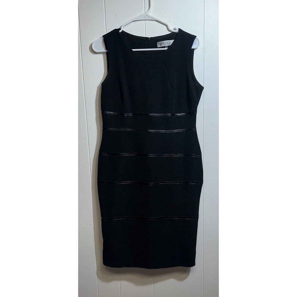 Kasper Black Textured Ribbed Sheath Dress Sleeveless Faux Leather Trim 6P Petite